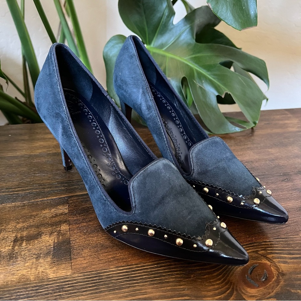 Tory Burch MONROE Blue Suede/Leather Pointed Toe Heels US7.5 M